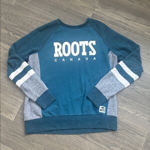 Roots | Blue Grey and White Colour Block Long Sleeve Sweater Size Large